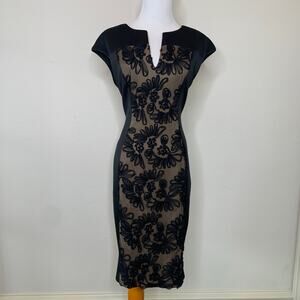 Connected Apparel Black Sheath Dress Nude Lace 3D inset Sz 8